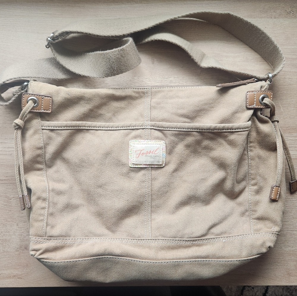 Fossil Beige Canvas Crossbody Bag